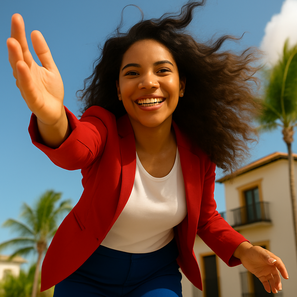 Mulher jovem sorridente com cabelo cacheado ao vento, vestindo blazer vermelho, blusa branca e calça azul, estendendo a mão em ambiente ensolarado com palmeiras e prédios ao fundo.